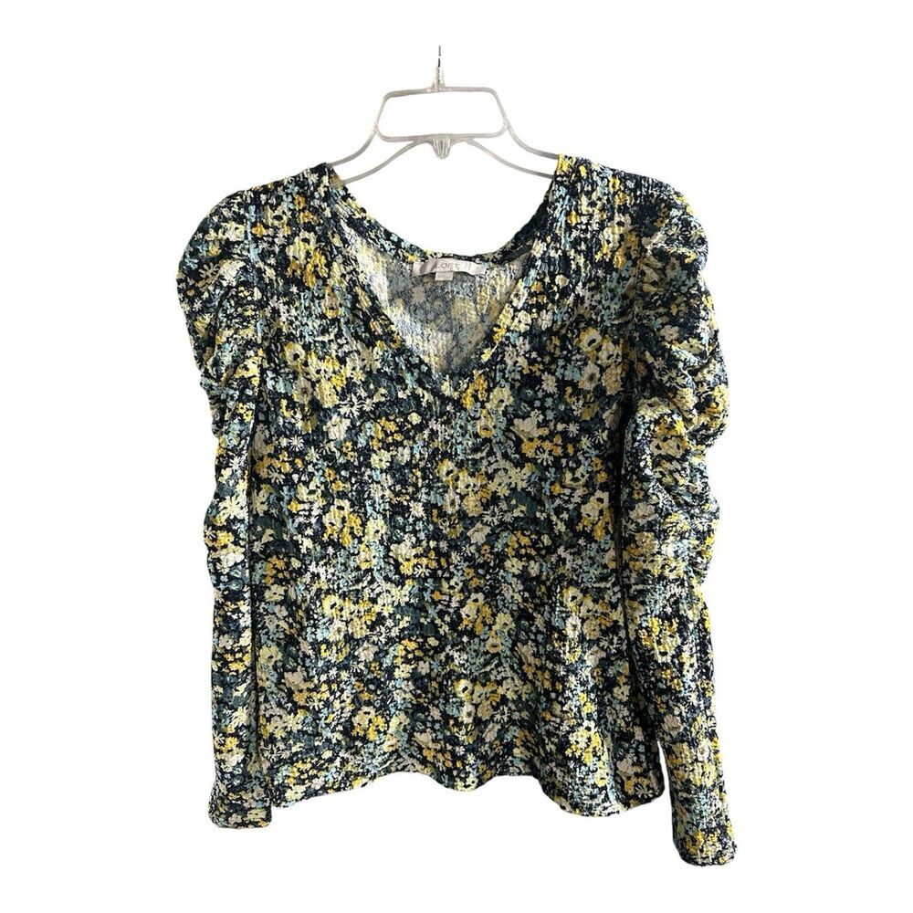 Loft‎ Blouse Women's Medium Smocked Colorful Floral Artsy Long Sleeve Shirt Top
